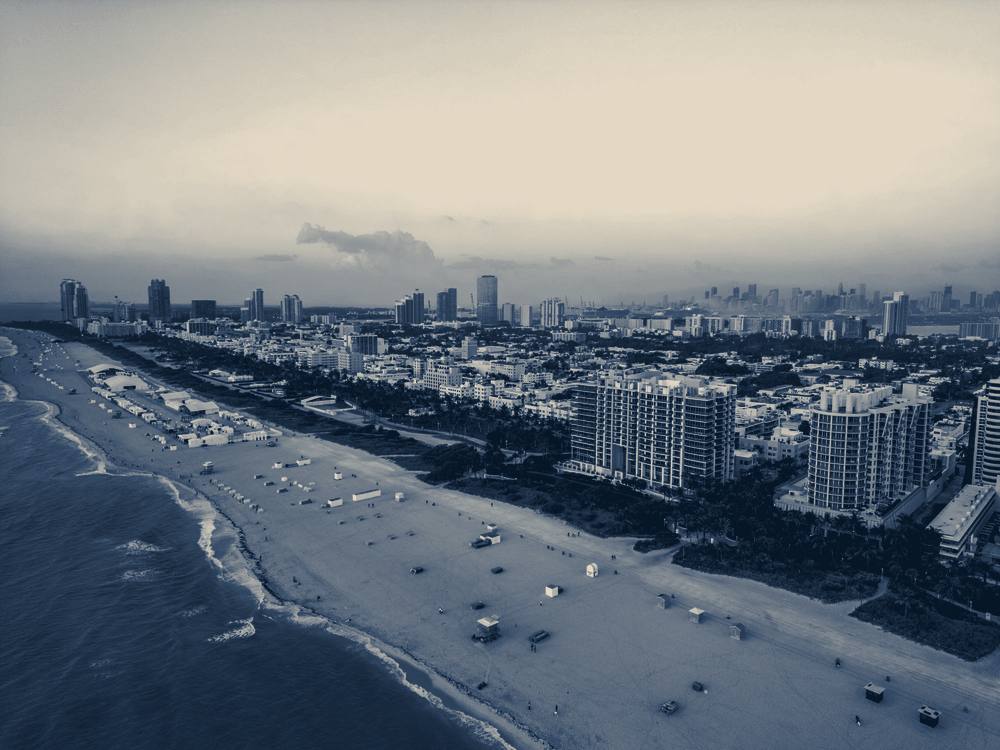 Aerial view of the beachfront at dusk, South Beach, Miami Beach, Florida