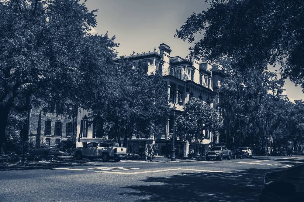 A tree-lined street of old houses, Savannah, Georgia